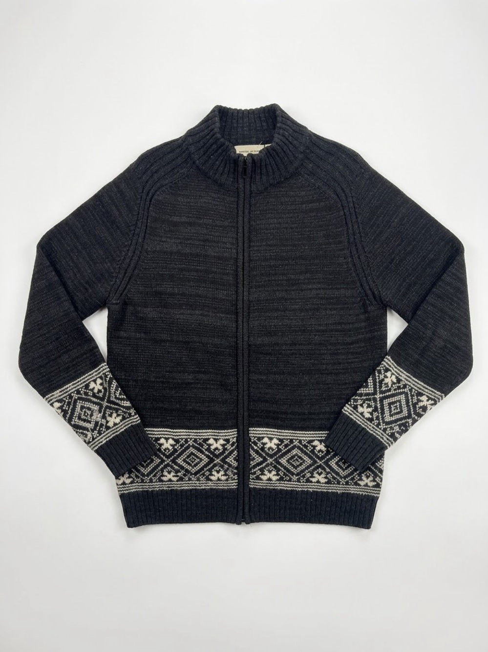 Dkny Black Zip-Front Crewneck Sweater with White Nordic Trim